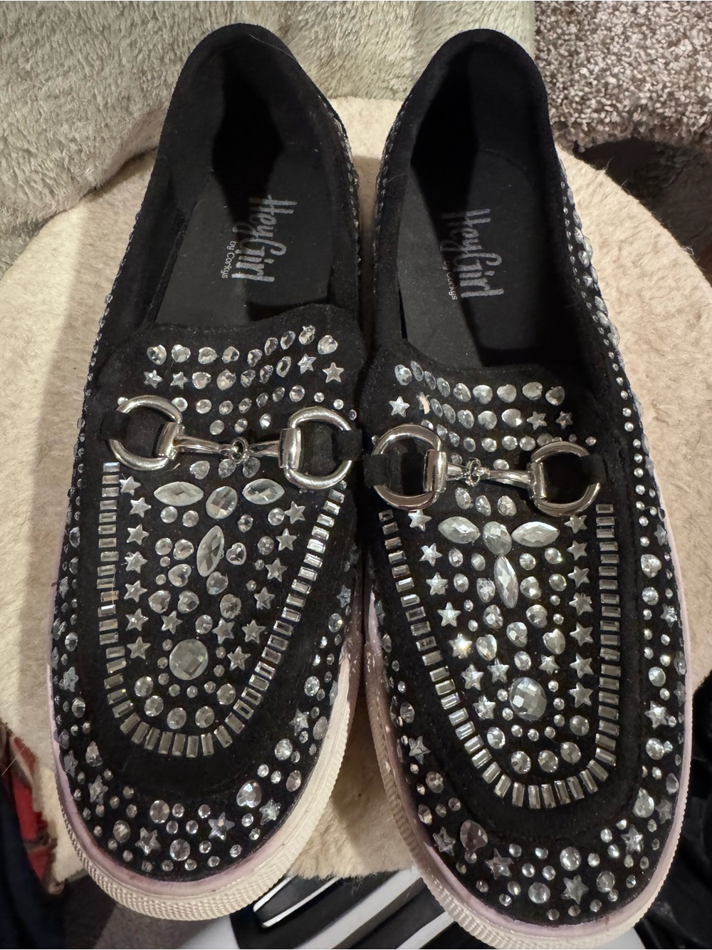Corkys Black Crystal-Studded Slip-On Loafers